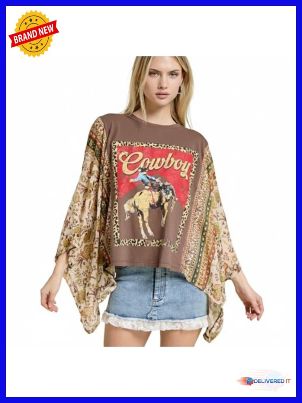 Western Cowboy Graphic Tee - Flowy Poncho Fit - Floral Sleeve Oversized Top